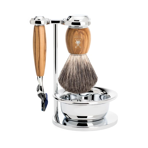 MÜHLE Vivo tıraş seti, Gillette bıçaklarla uyumlu, porsuk kıllı tıraş fırçası, kaseli tutucu - zeytin ağacı saplı ürün görseli 1