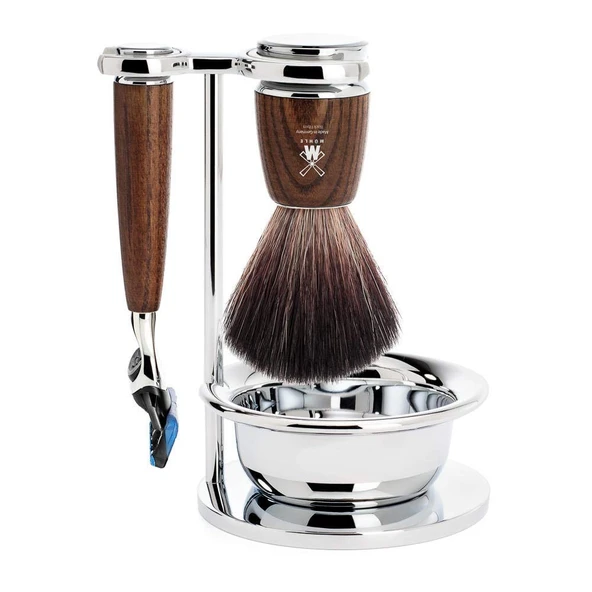MÜHLE Rytmo tıraş seti - kase, siyah fiber tıraş fırçası, Gillette bıçaklarla uyumlu tıraş makinesi, stand, kül sapları ürün görseli 1