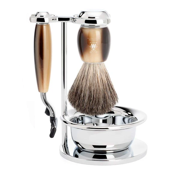 MÜHLE kaseli tıraş seti - Vivo serisi - porsuk kılı - Gillette bıçaklarıyla uyumlu - değerli reçine boynuz kahverengi ürün görseli 1