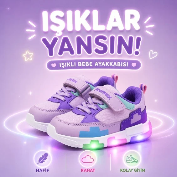 PROMAX KIZ ÇOCUK IŞIKLI CIRTLI BEBE SPOR AYAKKABISI 22-25 MOR LİLA ürün görseli 1