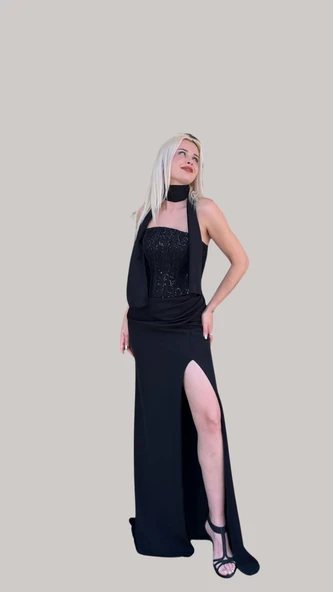 ELBISE STRAPLEZ YIRTMAÇLI ŞALLI - Resim 10