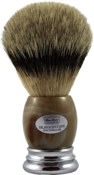 Hans Baier Exclusive tıraş fırçası gümüş uçlu, metal tabanlı, gerçek boynuz ışıklı, boyut. 3 ürün görseli 1