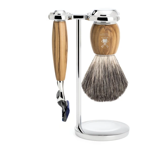 MÜHLE Vivo tıraş seti - Gillette bıçaklarıyla uyumlu tıraş makinesi, tıraş fırçası saf porsuk kılı, tutucu, zeytin ağacı sap ürün görseli 1