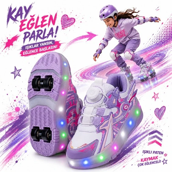PATENLİ IŞIKLI AKILLI BAĞCIKLI ÇOCUK SNEAKER AYAKKABI LİLA 29-36 ürün görseli 1