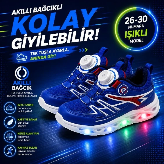 PROMAX AKILLI BAĞCIKLI IŞIKLI ÇOCUK SPOR AYAKKABI SAX 26-30 KOLAY GİYİLEBİLİR ürün görseli 1