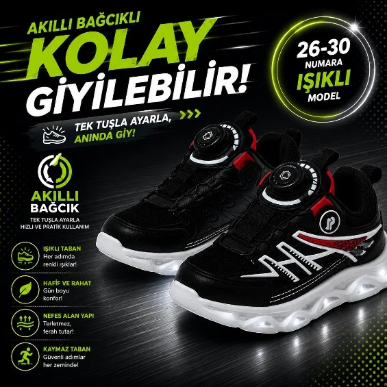 PROMAX AKILLI BAĞCIKLI IŞIKLI ÇOCUK SPOR AYAKKABI SİYAH 26-30 KOLAY GİYİLEBİLİR ürün görseli 1
