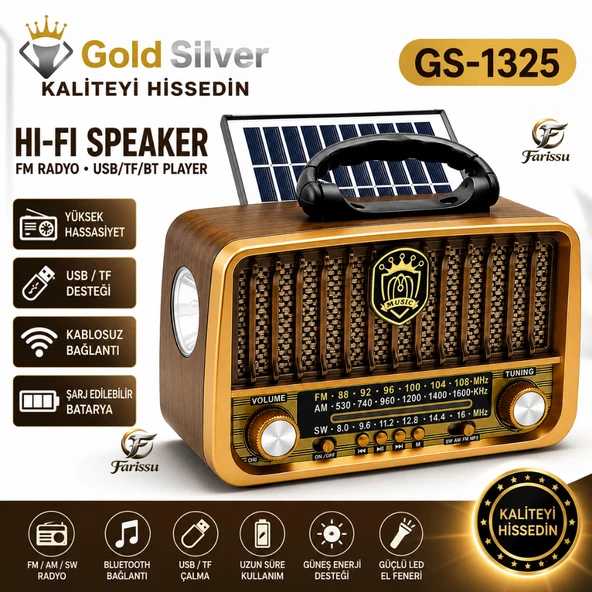 Gold Silver GS-1325 Nostaljik Radyo Güneş Enerjili Bluetooth Hoparlör USB/TF Kart Girişli Güçlü Fenerli Şarjlı ürün görseli 1