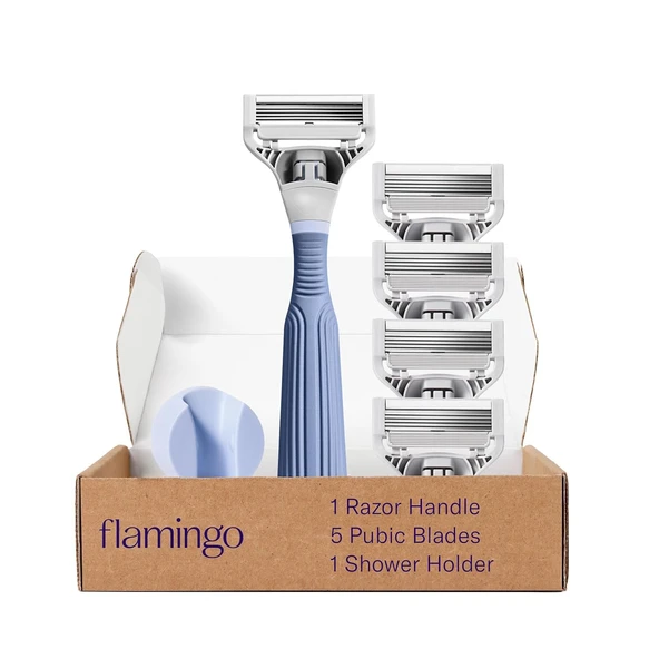 Kadınlar için Flamingo Kasık Saç Tıraş Makinesi Tıraş Seti 1 Kasık Jilet Sapı 4 Beş Bıçaklı Yedekler 1 Duş Tutucu Başlangıç ​​Kiti Komple Set ürün görseli 1