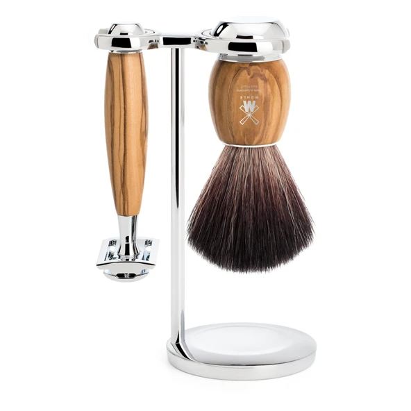 MÜHLE Vivo tıraş seti - siyah fiber tıraş fırçası, tıraş bıçağı, stand - zeytin ağacı saplar ve metal detaylar - vegan ürün görseli 1