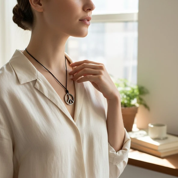 Krom Kaplama Barış Sembolü Figürlü Unisex Kolye - Yağlı Koton Kordonlu Ayarlanabilir Peace İşaretli Minimalist Tılsım Kolye ürün görseli 1