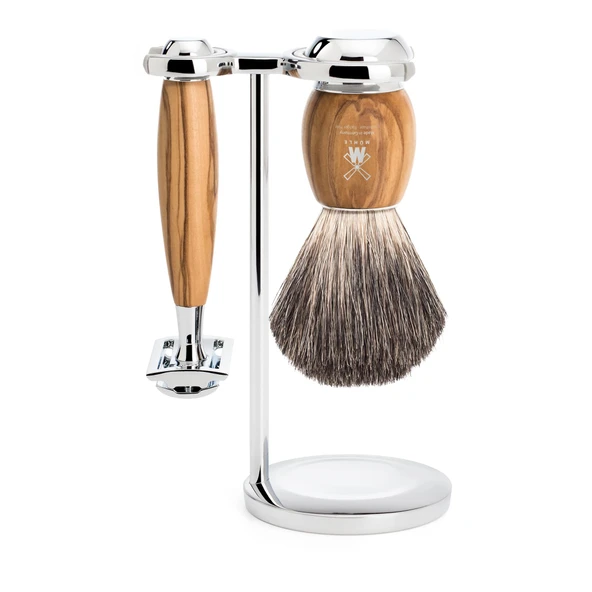 MÜHLE Vivo tıraş seti - tıraş bıçağı, saf porsuk kıllı tıraş fırçası ve tutucu - kaliteli zeytin ağacından yapılmış saplar ürün görseli 1
