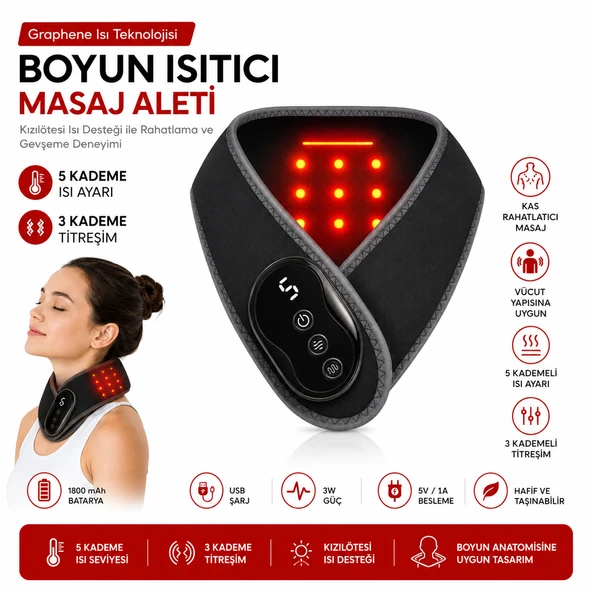 Graphene Isı Teknolojili Boyun Isıtıcı Masaj Aleti 5 Kademeli Isı Ayarı 3 Kademeli Titreşim USB Şarjlı Kablosuz Boyun Destekleyici ürün görseli 1