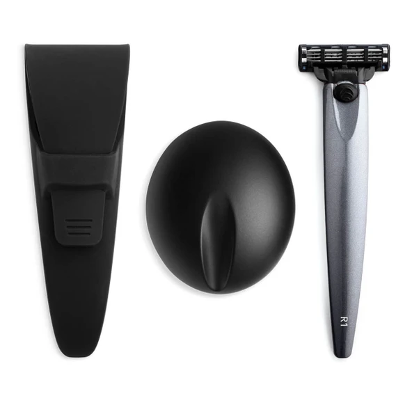 Bolin Webb R1 Tıraş Makinesi Standı ve Silikon Seyahat Çantası Grafit Ergonomik Saplı 3 Bıçaklı Düz ​​Tıraş Makinesi Erkekler için Lüks Hediye Seti ürün görseli 1