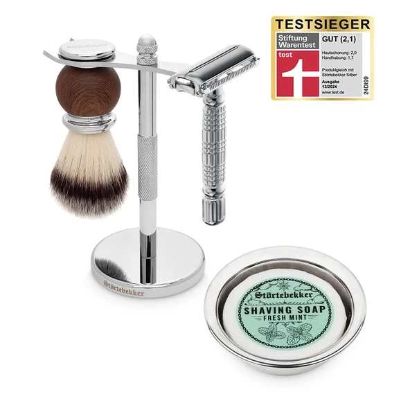 Störtebekker® Premium tıraş standı seti - tıraş bıçağı, tıraş fırçası, tıraş kasesi ve Taze Nane tıraş sabunu ile - yüksek kaliteli tıraş seti/sakal bakım seti - 8 koku - hediye fikri erkek tıraş seti ürün görseli 1