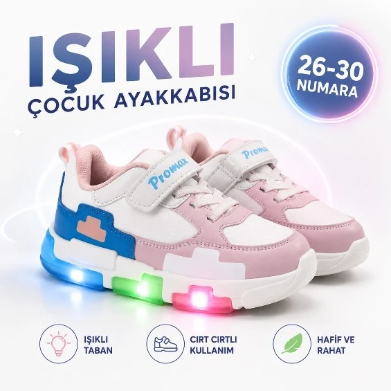 PROMAX ÇOCUK IŞIKLI CIRTLI PATİK SPOR AYAKKABISI 26-30 BEYAZ PEMBE ürün görseli 1