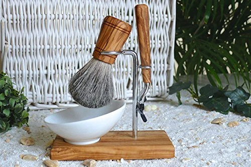 D.O.M. Tıraş fırçası seti/jilet tutucusu KLASSIK PLUS 4 parça zeytin ağacından yapılmış, oval porselen kaseli 10 cm M3 ürün görseli 1