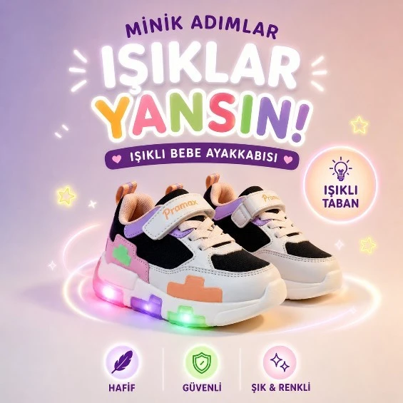 PROMAX KIZ ÇOCUK IŞIKLI CIRTLI BEBE SPOR AYAKKABISI 22-25 SİYAH-PEMBE ürün görseli 1