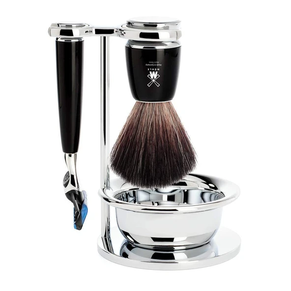 MÜHLE Rytmo tıraş seti - kase, siyah elyaf fırça, Gillette bıçaklarıyla uyumlu tıraş makinesi, stand, değerli reçine saplar ürün görseli 1