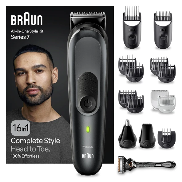 Braun Hepsi Bir Arada Seri 7 MGK7470, 16'sı 1 Arada, Erkekler için Günlük Bakım, Sakal ve Saç, Tıraş, Kulak ve Burun Tüylerinin Giderilmesi ve Daha Fazlası, Şarj Tabanı ve Kılıf, Su Geçirmez ürün görseli 1