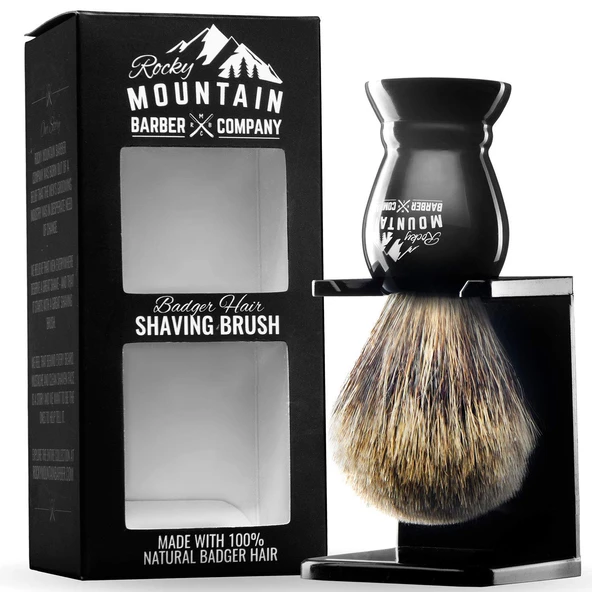 Standlı Tıraş Fırçası - Rocky Mountain Barber Pure %100 En İyi Porsuk Saç Berber Sınıfı, Siyah Ağır Hizmet Tamamen Reçine Saplı ve Daha İyi Tıraş Kremi Köpüğü için Büyük Boy Geri Çekilmiş Başlık ürün görseli 1