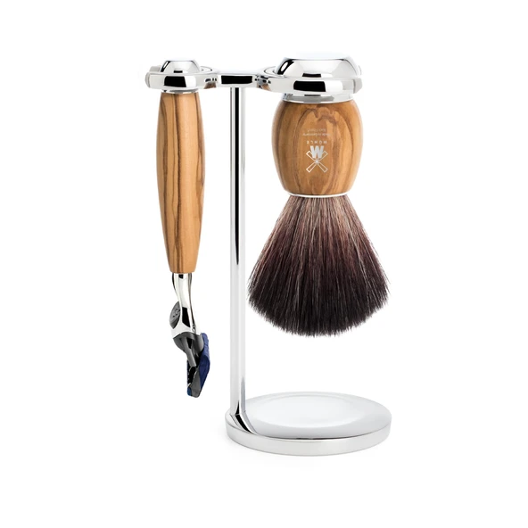 MÜHLE Vivo tıraş seti - Gillette bıçakları ve tıraş fırçasıyla uyumlu tıraş makinesi Siyah Fiber, tutucu, zeytin ağacı sap ürün görseli 1