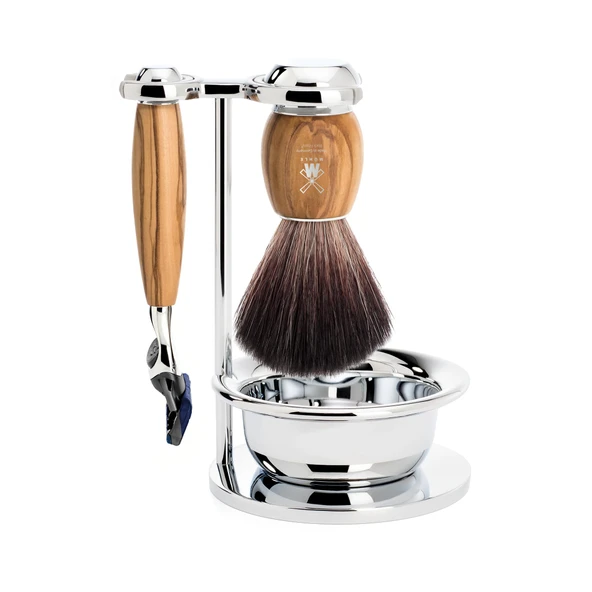 MÜHLE Vivo tıraş seti, Gillette bıçaklarıyla uyumlu, Siyah Fiber fırça, hazneli tutucu, zeytin ağacı saplar - vegan ürün görseli 1