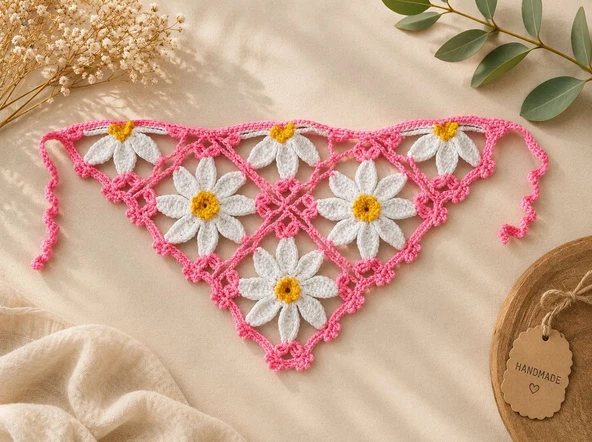 El Örgüsü Kız Çocuk Papatyalı Bandana 2 Adet ürün görseli 1