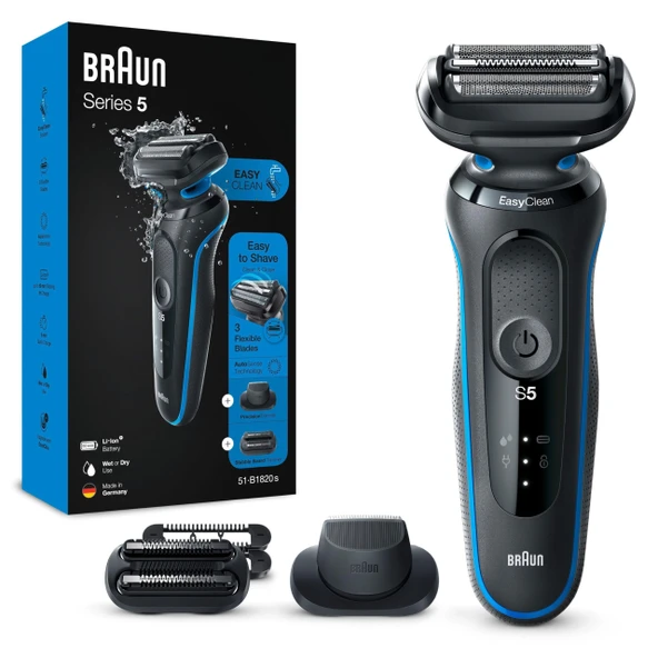 EasyClick düzeltici aparatlı Braun Series 5 elektrikli tıraş makinesi, erkek elektrikli tıraş makinesi, hassas düzeltici, EasyClean, erkekler için hediye, Almanya'da üretilmiştir, 51-B1820s, mavi ürün görseli 1