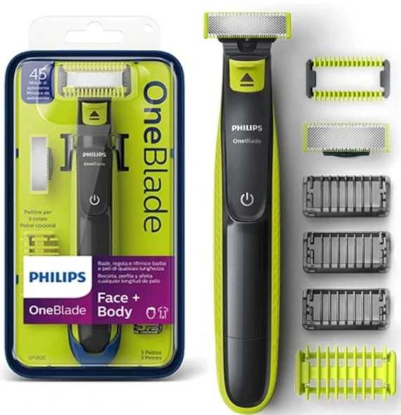 Philips OneBlade Yüz + Gövde, düzeltme, şekillendirme, tıraş, her saç uzunluğu için, yüz ve vücut için 1 x bıçak, 4 aparat (model QP2620/20) ürün görseli 1