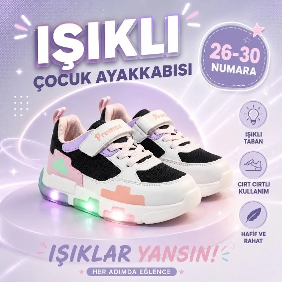 PROMAX ÇOCUK IŞIKLI CIRTLI PATİK SPOR AYAKKABISI 26-30 SİYAH PEMBE ürün görseli 1