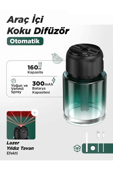 Premium Hava Nemlendirici Kokulu 160ml | Lazer Yıldız Tavan Efektli Otomatik Araç İçi Koku Difüzör ürün görseli 1