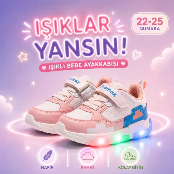 PROMAX KIZ ÇOCUK IŞIKLI CIRTLI BEBE SPOR AYAKKABISI 22-25 BEYAZ PEMBE ürün görseli 1