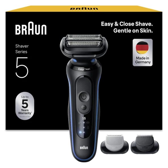 Erkekler için Braun Series 5 elektrikli tıraş makinesi, 50 dk. pil ömrü, +2 aparat, erkekler için kablosuz ıslak ve kuru tıraş makinesi, Almanya'da üretilmiştir, su geçirmez, 52-B1650s, mavi ürün görseli 1