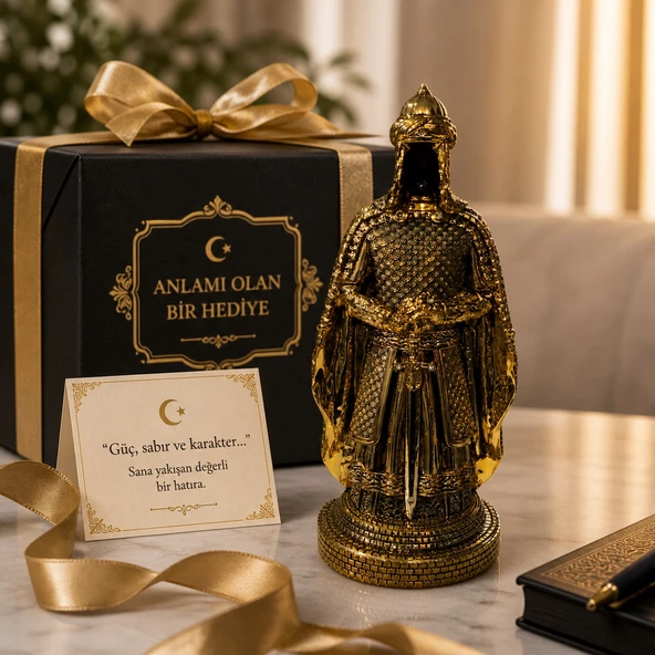 Prestij Güç Sembolü Tarihi Osmanlı Zırhlı Pelerinli Savaşçı Asker Biblo Anlamlı Hediye Gold 28 CM ürün görseli 1