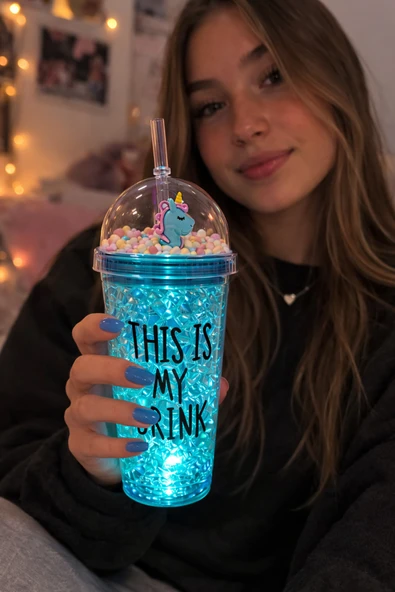Led Işıklı This İs My Drink Temalı Pipetli İçecek Bardağı Sevimli Renkli Çılgın 450ML Suluk 2642MAVİ ürün görseli 1
