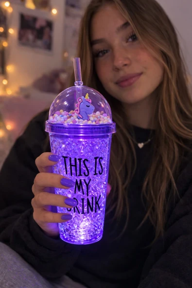 Led Işıklı This İs My Drink Temalı Pipetli İçecek Bardağı Sevimli Renkli Çılgın 450 ML Suluk 2642Mor ürün görseli 1
