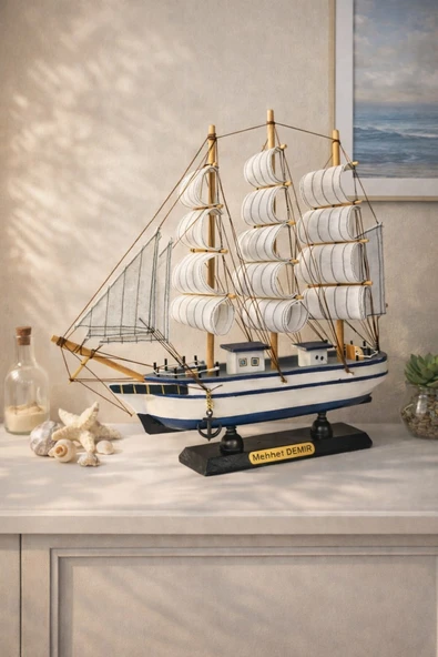 İsime Kişiye Özel Dekoratif Premium Ahşap El Yapımı Yelkenli Gemi Maketi 33x33 CM Biblo Hediye 531-F ürün görseli 1