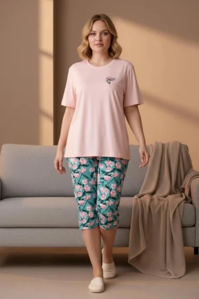 Gd Goldoremi Premium Kadın Büyük Beden Kısa Kollu Bisiklet Yaka Rahat Kalıp Kapri Pijama Takım ürün görseli 1