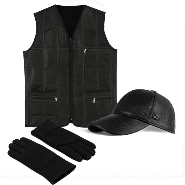 PREMIUM DERİ SET – YELEK, ELDİVEN, DERİ SPOR CAP ürün görseli 1