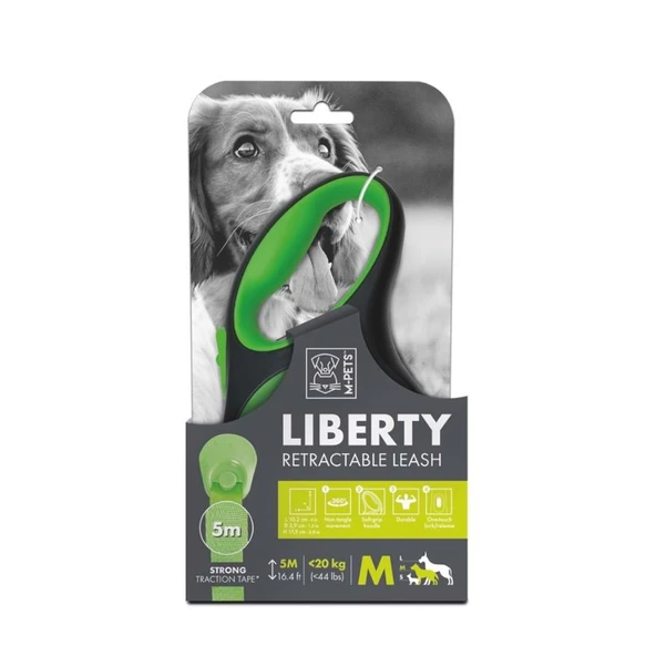 M-Pets Liberty Yeşil Otomatik Şerit Köpek Gezdirme Tasması 5 Mt M ürün görseli 1