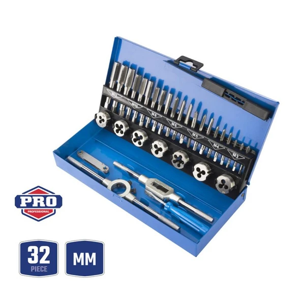 WORKPRO WP309008 32 Parça Profesyonel Metrik Kılavuz ve Pafta Takımı Diş Açma Seti ürün görseli 1