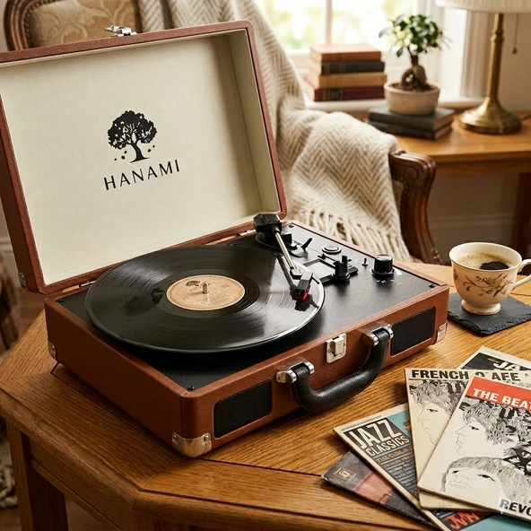 Hanami HEM SARJLI HEM BLUETOOTH'LU TÜM PLAKLARI ÇALAN PİKAP BROWN ürün görseli 1