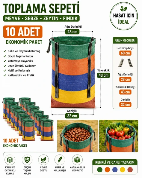 10 Adet Kalın Plastik Toplama Sepeti Meyve Sebze Zeytin Fındık Hasat Sepeti Renkli ürün görseli 1
