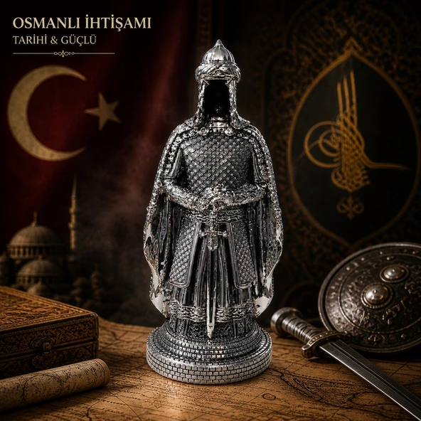 Prestij Güç Sembolü Tarihi Osmanlı Zırhlı Pelerinli Savaşçı Asker Biblo Anlamlı Hediye Gümüş 28 CM ürün görseli 1