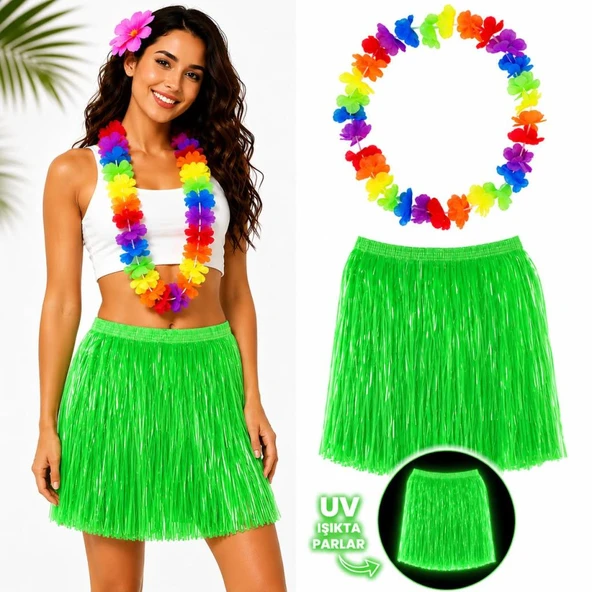 Neon Yeşil Hawaii Etek 40 cm ve Rengarenk Hawaii Kolye ürün görseli 1