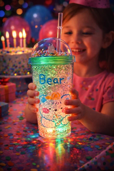 450 ML Pipetli İçecek Bardağı Çocuklar İçin Sevimli Bear Led Işıklı Renkli Boncuklu Suluk Yeşil 2093 ürün görseli 1