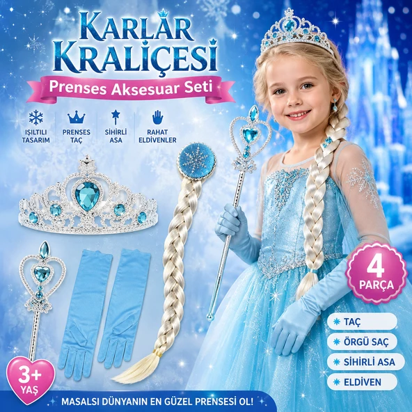 Karlar Kraliçesi Prenses Aksesuar Seti  Taç Örgü Saç Sihirli Asa ve Eldiven Çocuk Kostüm Tamamlama Seti ürün görseli 1