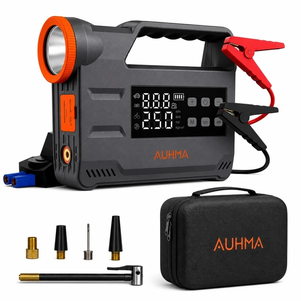 Auhma A9933 4'ü 1 Arada Akü Takviye 12.000 Mah Şarjlı Hava Pompası | Powerbank & Dijital Fener ürün görseli 1