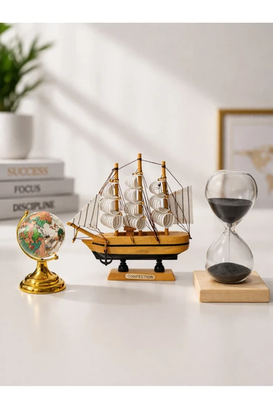 3Lü Ofis Set Kum Saati Ahşap Yelkenli Gemi Cam Dünya Küresi Nostaljik Ofisinize Dekoratif Hediye Set ürün görseli 1