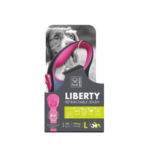 M-Pets Liberty Pembe Otomatik Şerit Köpek Gezdirme Tasması 8 Mt L ürün görseli 1